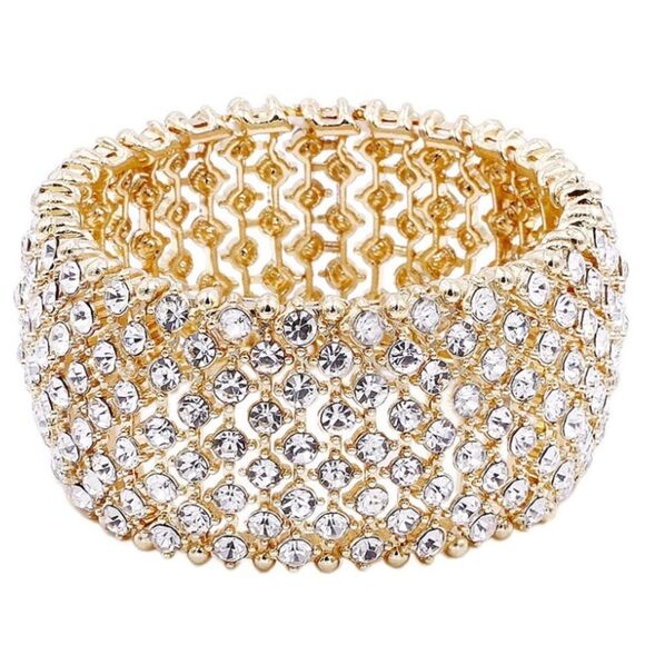 Yellow Gold & White Diamond Austrian Crystal Tennis Stretchable Bracelet Bangle - Picture 1 of 5